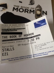 Ticket and Programme (£4) for Book of Mormon, now showing at Prince of Wales Theatre, London.